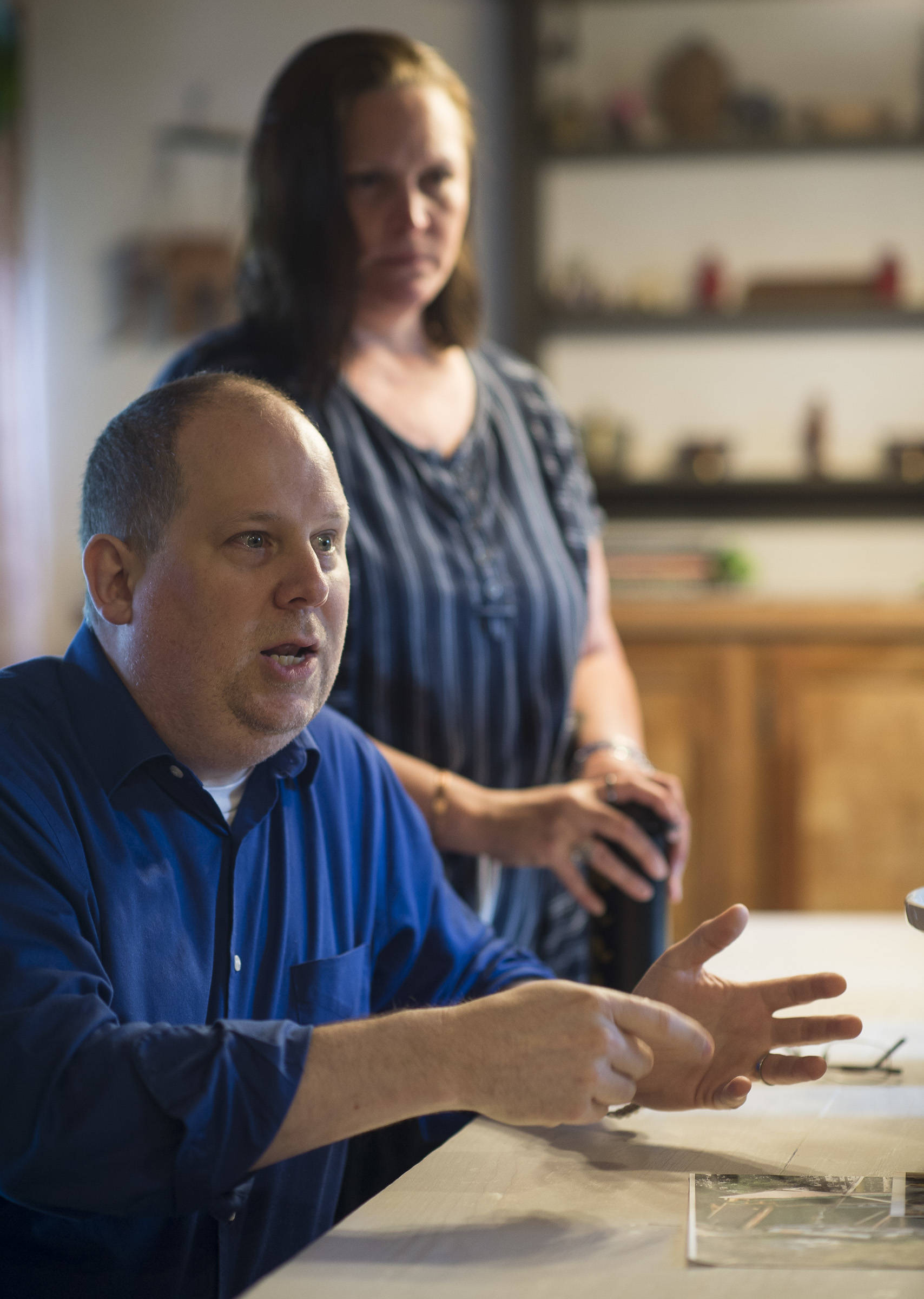 Michael and Suzanna Lessard talk Thursday, June 7, 2018, about having their home hit four times since 2005 by drivers who were either drunk or suffering from medical conditions. Their Brothers Avenue house sits near the intersection on Mendenhall Loop Road and Glacier Spur Road. Their daughter’s room was crashed into last May by a drunken driver. (Michael Penn | Juneau Empire)