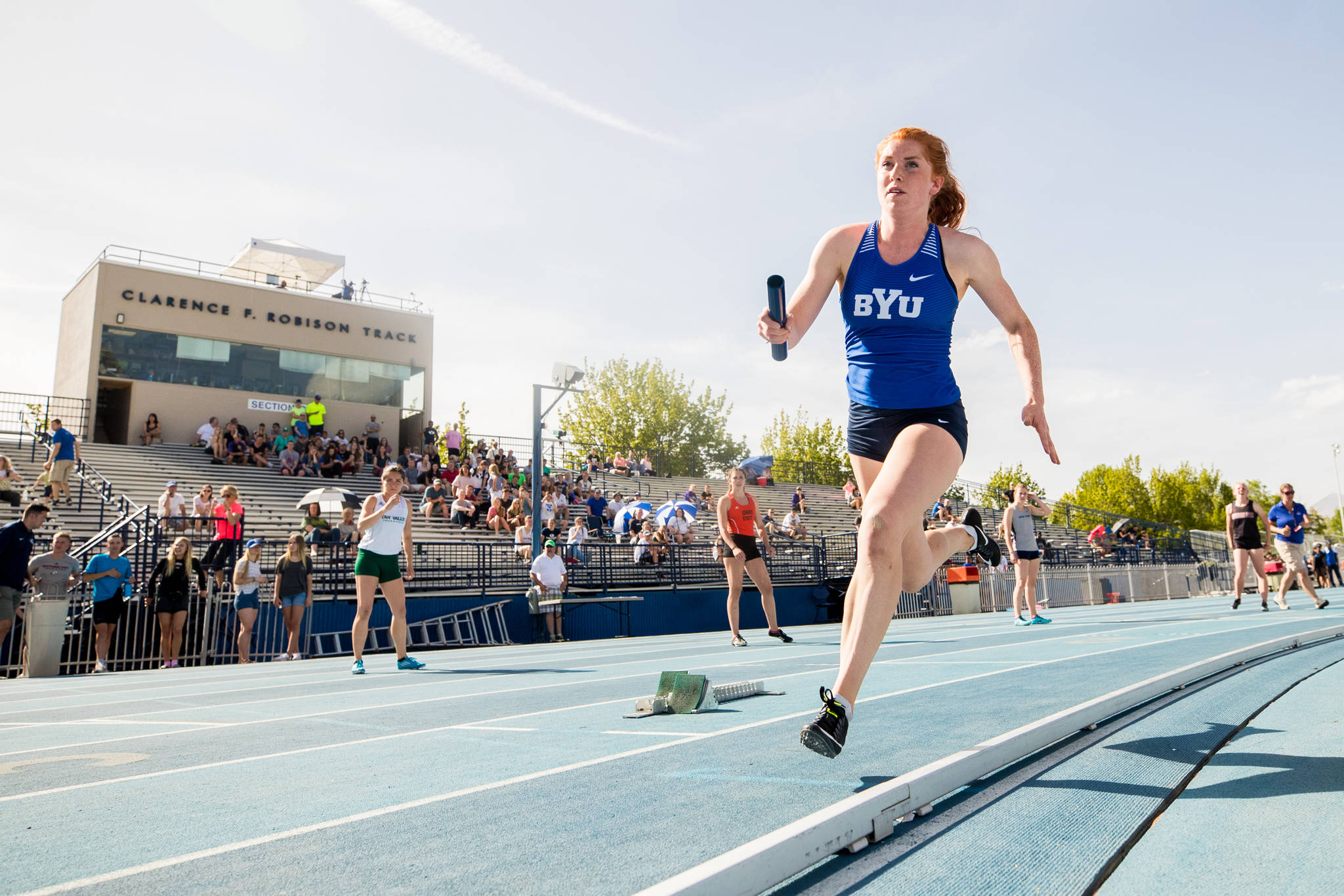 Brigham Young University’s Naomi Welling runs in the 4x400-meter relay at the BYU Robison Invitational in April 2018. (Courtesy Photo | BYU)