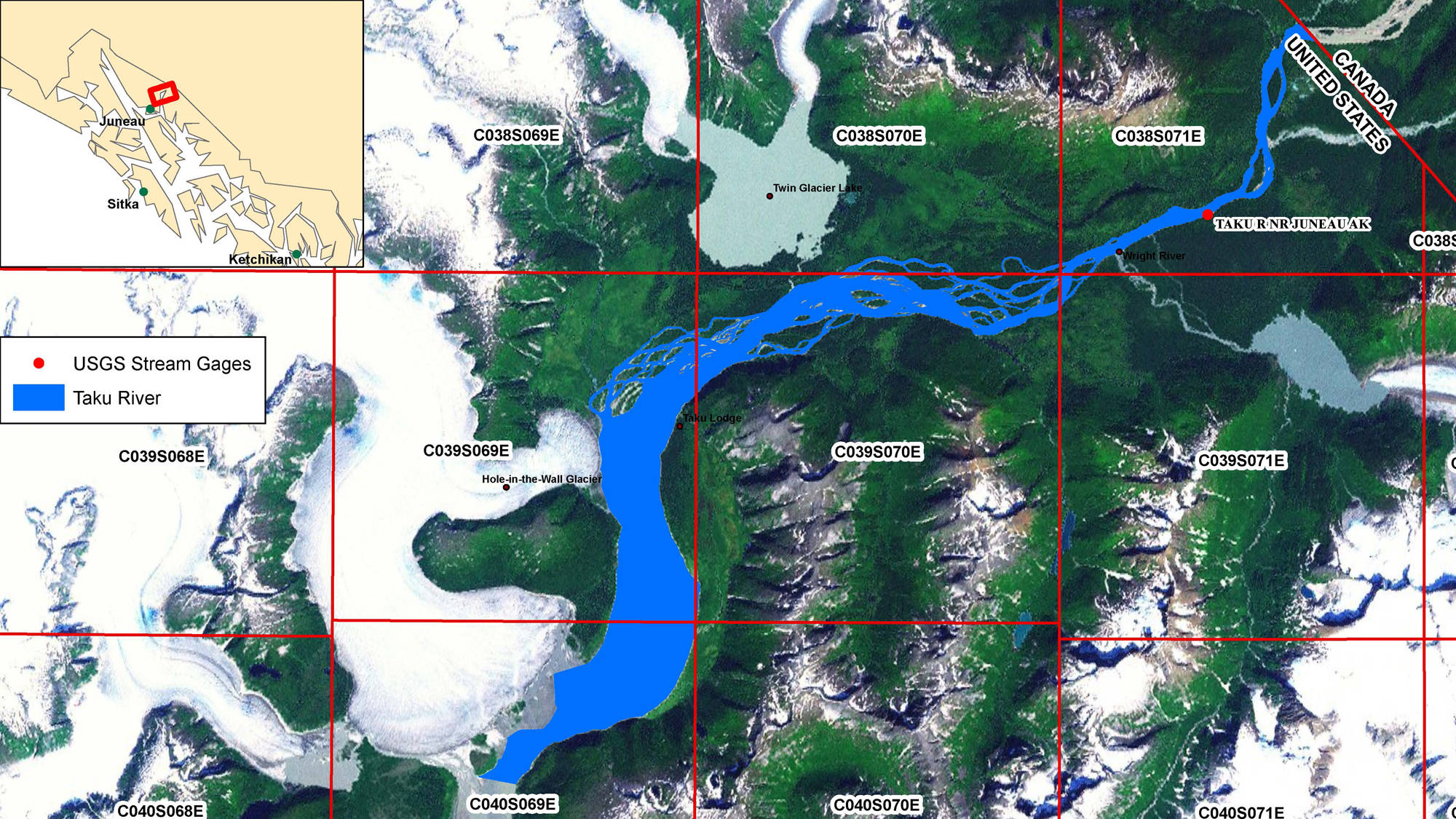 The State of Alaska has applied to take control of the land under the Taku River. The lands the state is asking for are pictured in blue. (Map courtesy Bureau of Land Management)
