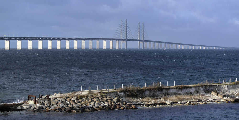 This Nov. 12, 2015 photo shows the Oresund Bridge spanning the Oresund strait pictured from Lernacken, Sweden.