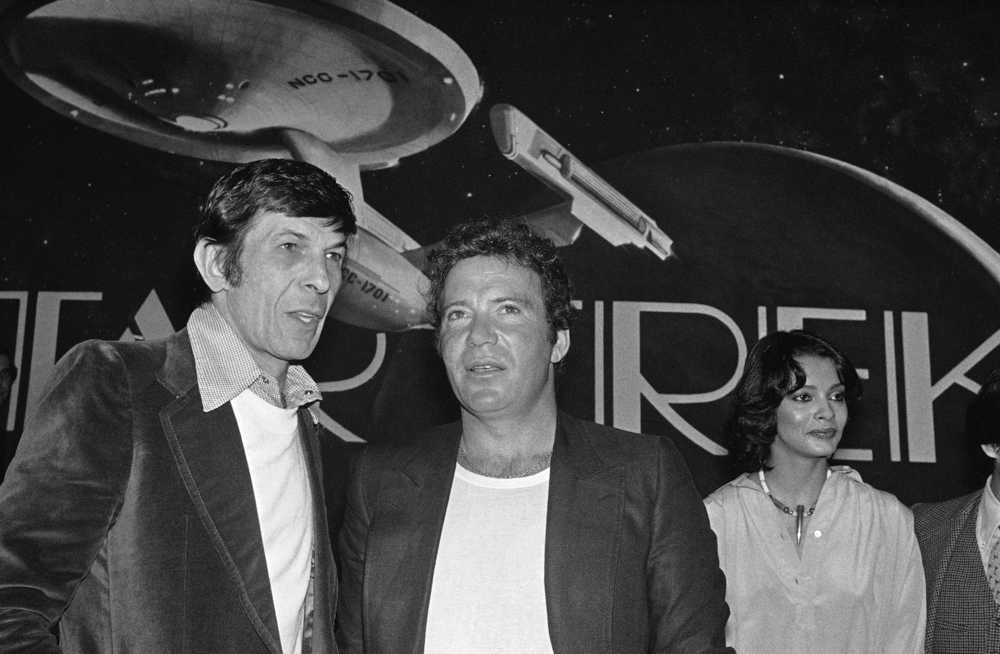 In this March 28, 1978 photo, William Shatner, center, who plays Capt. James Kirk, and Leonard Nimoy, left, who plays Spock, attend a Paramount Studio press conference about the new "Star Trek" movie in Los Angeles. Shatner's latest memoir, "Leonard: My Fifty-Year Friendship with a Remarkable Man," is out Tuesday.