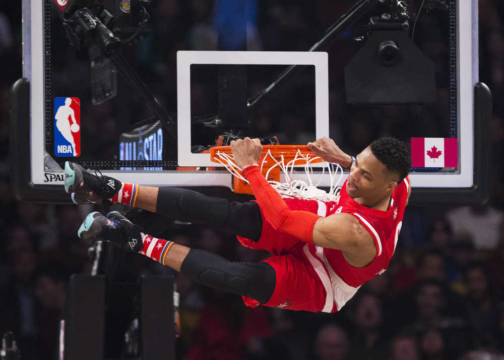 Oklahoma City Thunder's Russell Westbrook slam dunks during the first half of the NBA All-Star game on Sunday in Toronto.