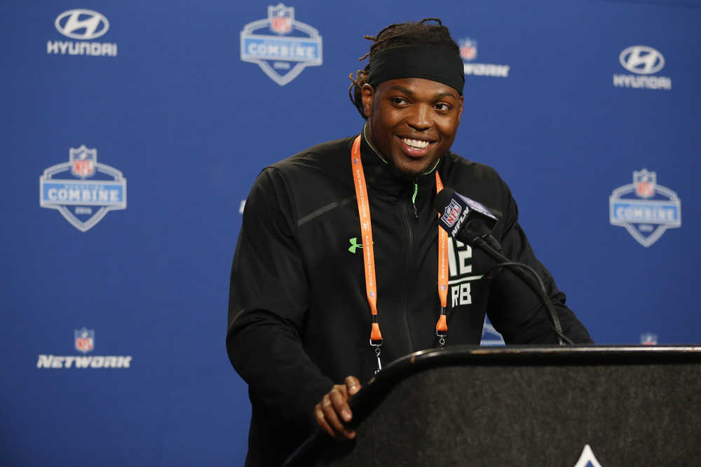 Alabama running back Derrick Henry speaks during a press conference at the NFL football scouting combine in Indianapolis on Wednesday.