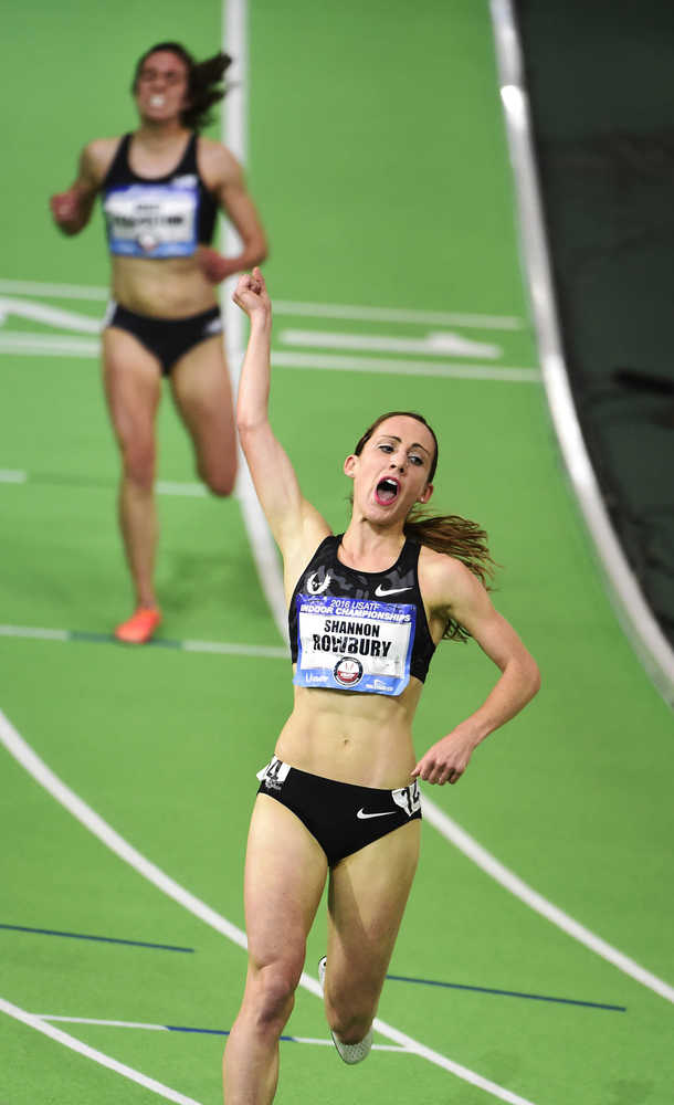 Shannon Rowbury celebrates after winning the women's 3,000 meters on Friday at the U.S. indoor track and field championships in Portland, Oregon.