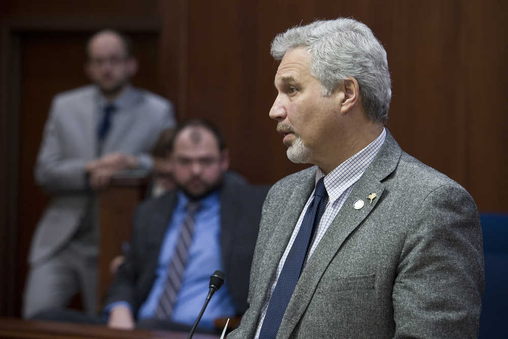 Sen. Pete Kelly, R-Fairbanks, introduces a new bill pertaining to the public employees' and teachers' retirement systems during the Senate session Monday. The bill will be given a first hearing on Tuesday.