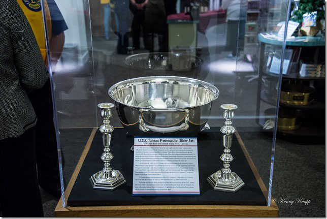 The silver service from the original U.S.S. Juneau which is currently on display at the Juneau-Douglas City Museum.