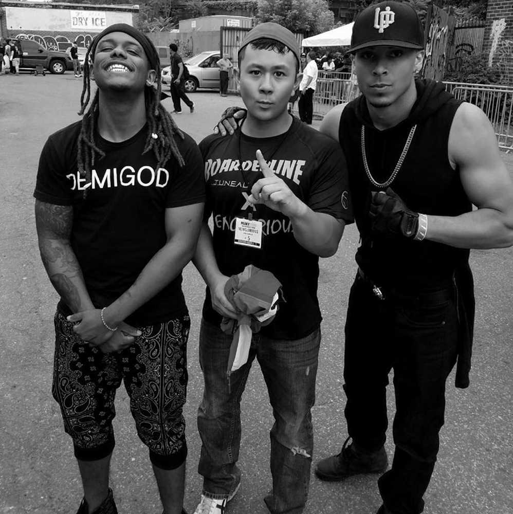 Veinglorious (Ryan Carrillo) in New York during his auditions for TeamBackPack. At left is VI Seconds and at right is Passionate MC. Courtesy photo.