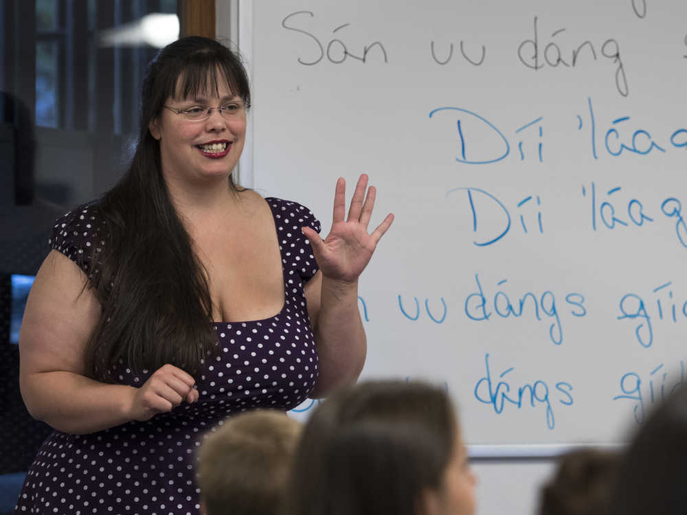 Emily Edenshaw-Chafin leads a counting song during a Haida language lesson at the Edward K. Thomas building on Tuesday.