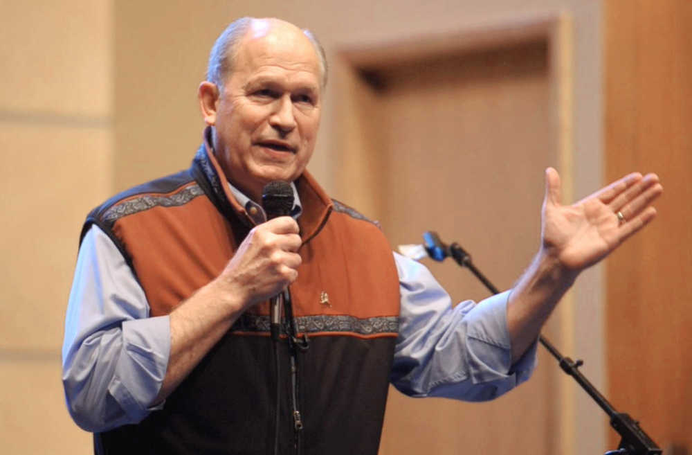 Gov. Bill Walker tells a story during Mudrooms at Northern Light United Church on Tuesday evening. Mudrooms is a monthly storytelling event that has seven community members tell a seven-minute story. The $7 entry fee for the audience goes to local nonprofit organizations. About $57,000 has been raised and given to Juneau charities over the past five years. Check out a video of Walker's story online at juneauempire.com.