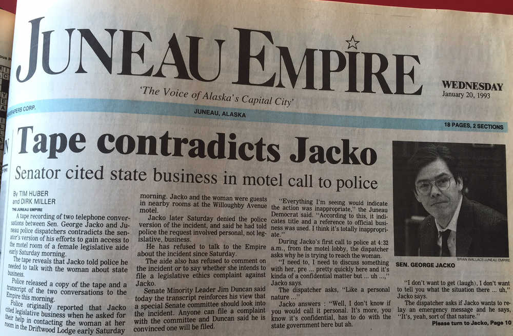 A Jan. 20, 1993 followup story by Tim Huber and Dirk Miller on then Sen. George Jacko. Huber, who was working the cop beat at the Juneau Empire on a Saturday, was the first to break the news about Jacko's harassment of a female legislative aide; in 1994, a subcommittee of the Senate legislative ethics committee censured Jacko on three counts of "using his office to seek sexual favors and companionship from women," according to a 1997 Juneau Empire article about Jacko's later harassment of a Homer teenager.