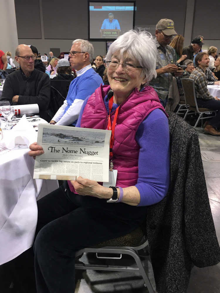 This March 3, 2016, photo provided by John Handeland shows Nome Nugget publisher Nancy McGuire at a banquet in Anchorage. Handeland, her friend and a longtime former mayor of Nome, said McGuire died Thursday in Nome after battling cancer for years.