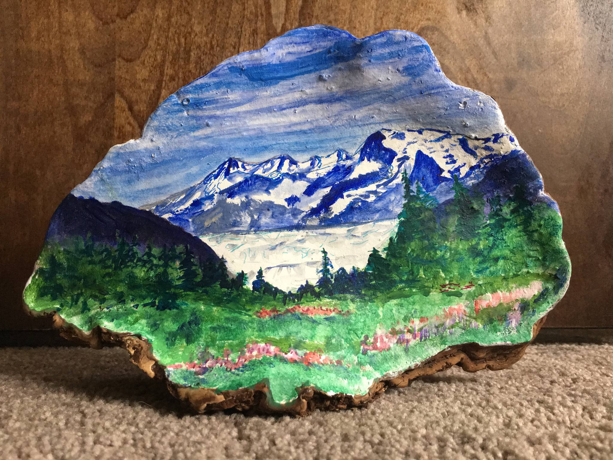 <strong></strong>An acrylic on bear bread, conk of Mendenhall Glacier, by Marty Sharp. Sharp’s artwork will be displayed at Juneau Artist Gallery during First Friday.