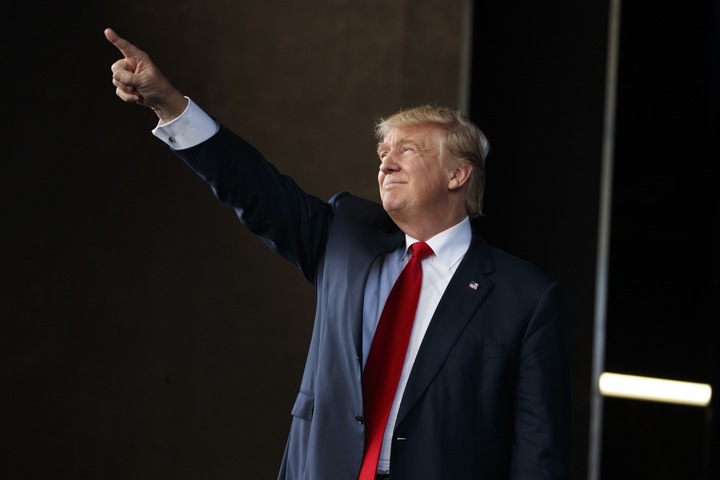 Republican presidential candidate Donald Trump arrives to speak to a campaign rally, Monday, Oct. 24, 2016, in St. Augustine, Florida.