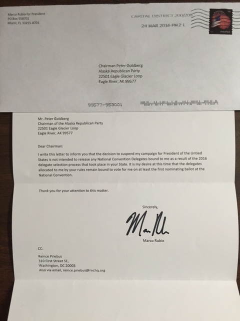 This letter, from Florida Sen. Marco Rubio, asks the Alaska GOP to allow him to keep the five delegates he won in the March 1 Presidential Preference Poll.