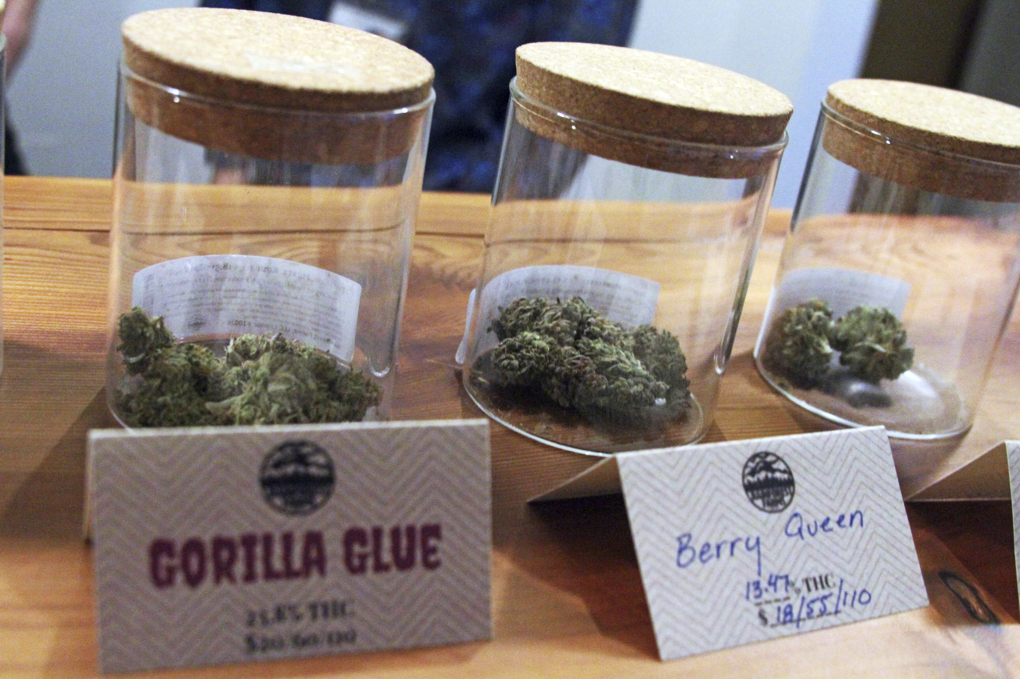 This Jan. 18 photo shows marijuana including the store’s best-seller, Gorilla Glue, available for sale at Rainforest Farms, owned by James and Giono Barrett in Juneau. (AP File Photo/Mark Thiessen)