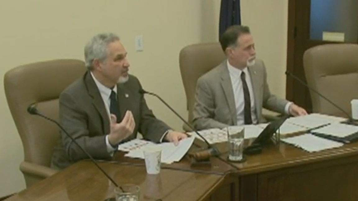 Senate President Pete Kelly, R-Fairbanks (left), and Senate Majority Leader Peter Micciche, R-Soldotna (right) speak during a press conference Monday morning. (Gavel Alaska photo)