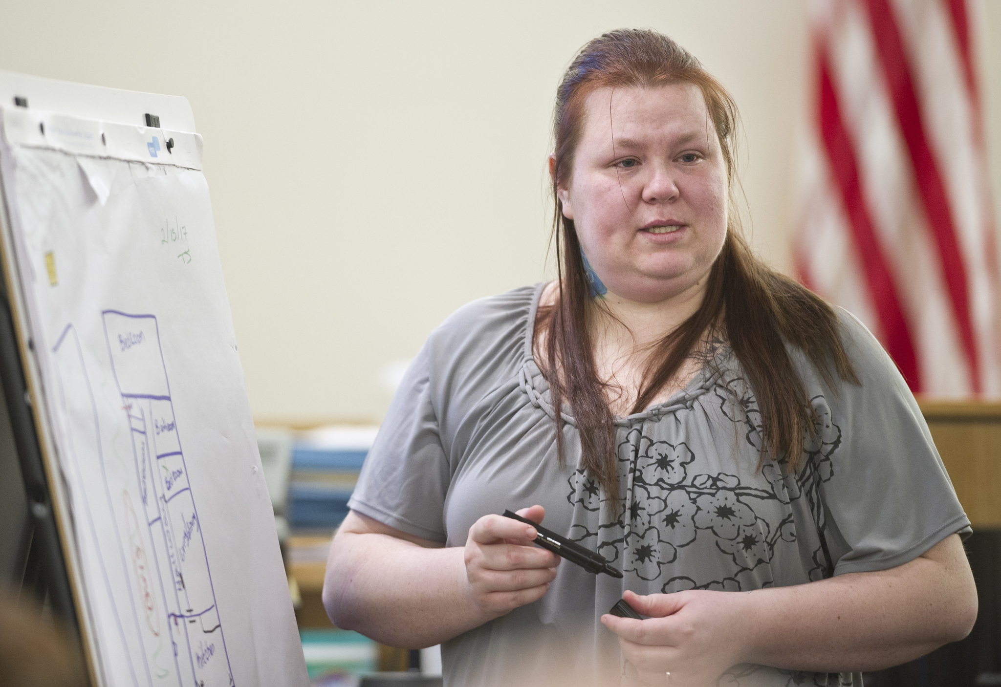 Tiffany Albertson stands in front of a diagram of her mobile home during the trial of Christopher D. Strawn in Juneau Superior Court on Monday, Feb 13, 2017. Strawn is accused in the murder of 30-year-old Brandon C. Cook at the Kodzoff Acres Mobile Home Park Oct. 20, 2015. (Michael Penn | Juneau Empire)