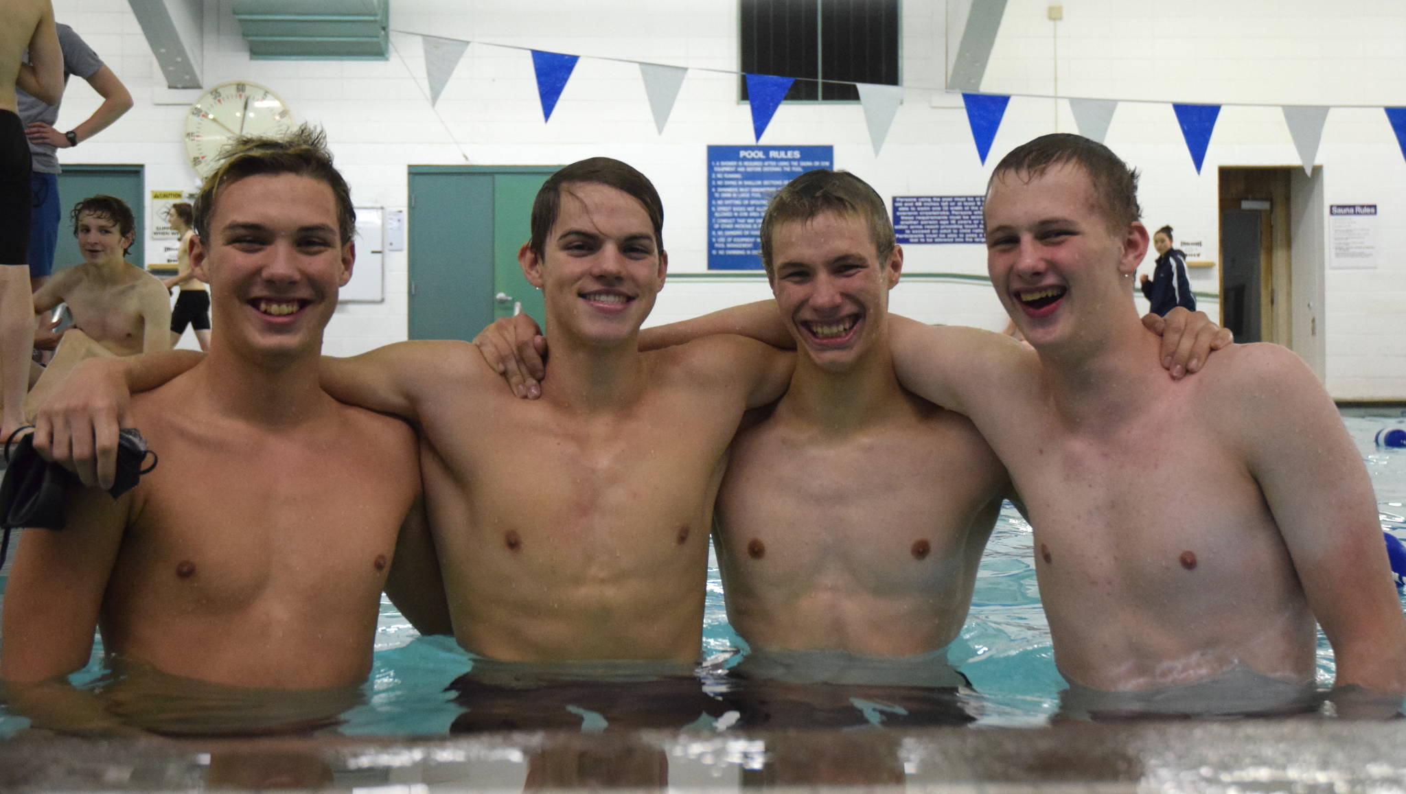 The new-look Thunder Mountain High School 200-yard medley relay team (L to R): Casey Hamilton, Bergen Davis, Spencer Holt, Chris Ray. The team retained three of its members from last year, when they won the event at the state championships at the Dimond Park Aquatics Center. (Nolin Ainsworth | Juneau Empire)