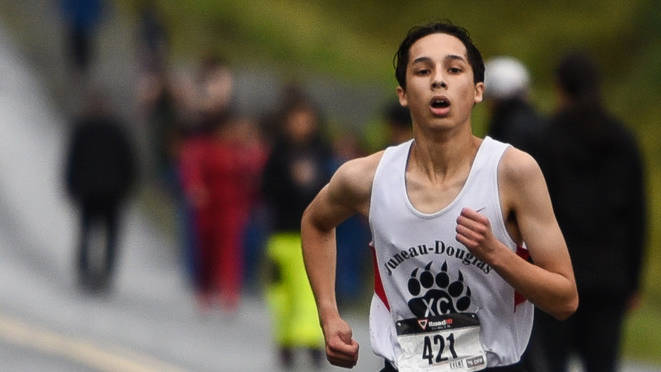 Juneau-Douglas High School’s Shadrach Stitz runs in the Wrangell Invitational, Saturday, Sept. 9, 2017. Stitz finished in sixth place in the boys 5-kilometer race. (Photo courtesy of Matt York)