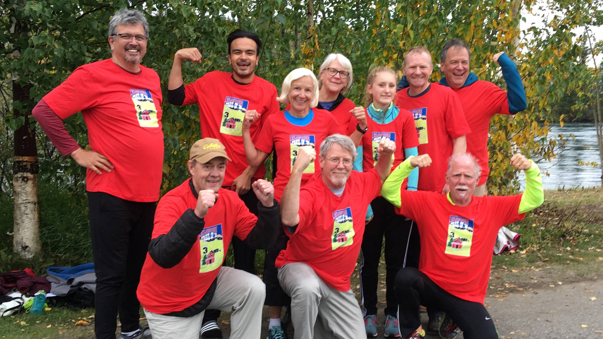 The Metcalfes and Friends team poses together as a team after completing the Klondike Trail of ‘98 International Road Relay. Top row (L to R): Ken Hoff, Bienvenido Metcalfe, Patrice Parker, Kim Metcalfe, Lindsay McTague, Brian McTague, Jake Metcalfe. Front row (L to R): Bob Lohr, Peter Metcalfe, Michael Fleischhauer. (Photo courtesy of Kim Metcalfe)