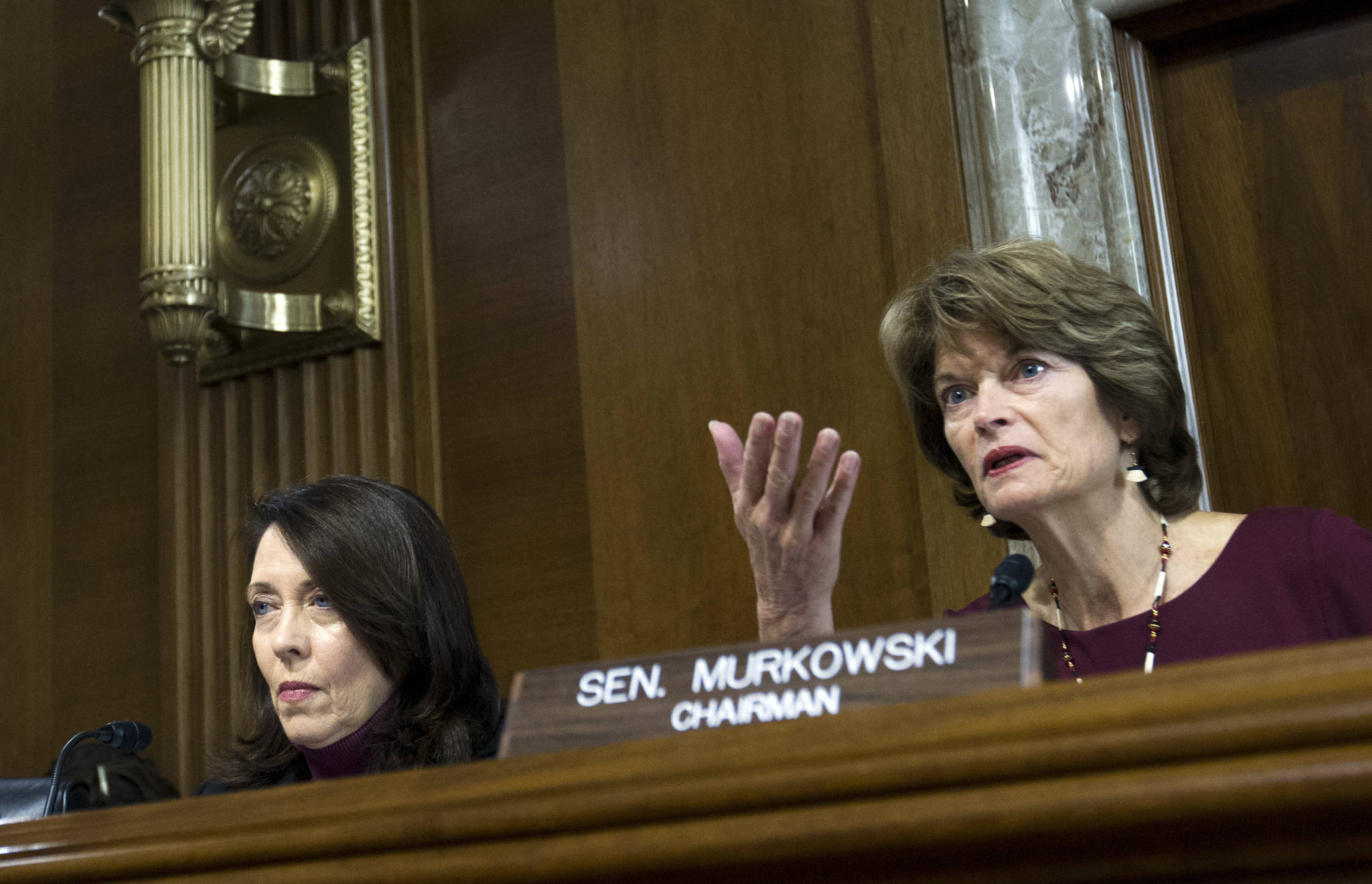 Senate Energy and Natural Resources Committee Chair Sen. Lisa Murkowski, R-Alaska, right, speaks as committee’s ranking member Sen. Maria Cantwell, D-Wash., looks on, during a hearing on Capitol Hill in Washington, Wednesday, Nov. 15, 2017. Oil and gas drilling in Alaska’s Arctic National Wildlife Refuge moved closer Wednesday as a key Senate panel approved a bill to open the remote refuge to energy exploration. The Senate Energy and Natural Resources Committee approved the drilling measure, 13-10. (Jose Luis Magana | The Associated Press)