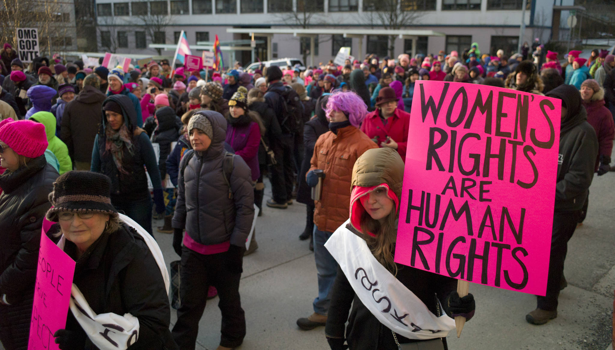 Nearly 1,000 people attend the Women’s March in Juneau on Saturday, Jan. 21, 2017. (Michael Penn | Juneau Empire)  Nearly 1,000 people attend the Women’s March in Juneau on Saturday, Jan. 21, 2017. (Michael Penn | Juneau Empire)