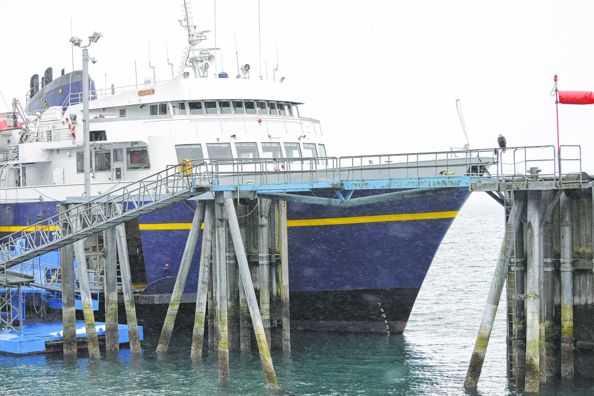 The M/V LeConte awaits repairs at the Alaska Marine Highway System terminal in Juneau in March 2018. (Kevin Gullufsen | Juneau Empire File)