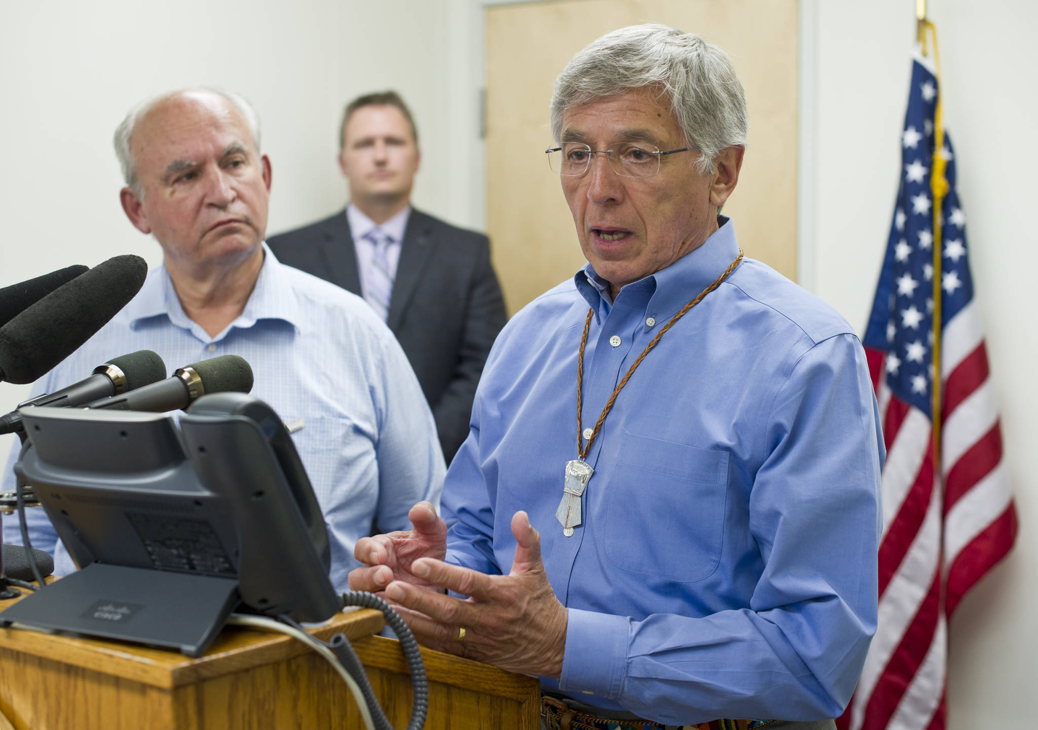 In this August 2015 photo, Lt. Gov. Byron Mallott, right, and British Columbia Minister of Energy and Mines Bill Bennett hold a press conference about their meetings on tranboundary mining concerns. (Michael Penn | Juneau Empire File)