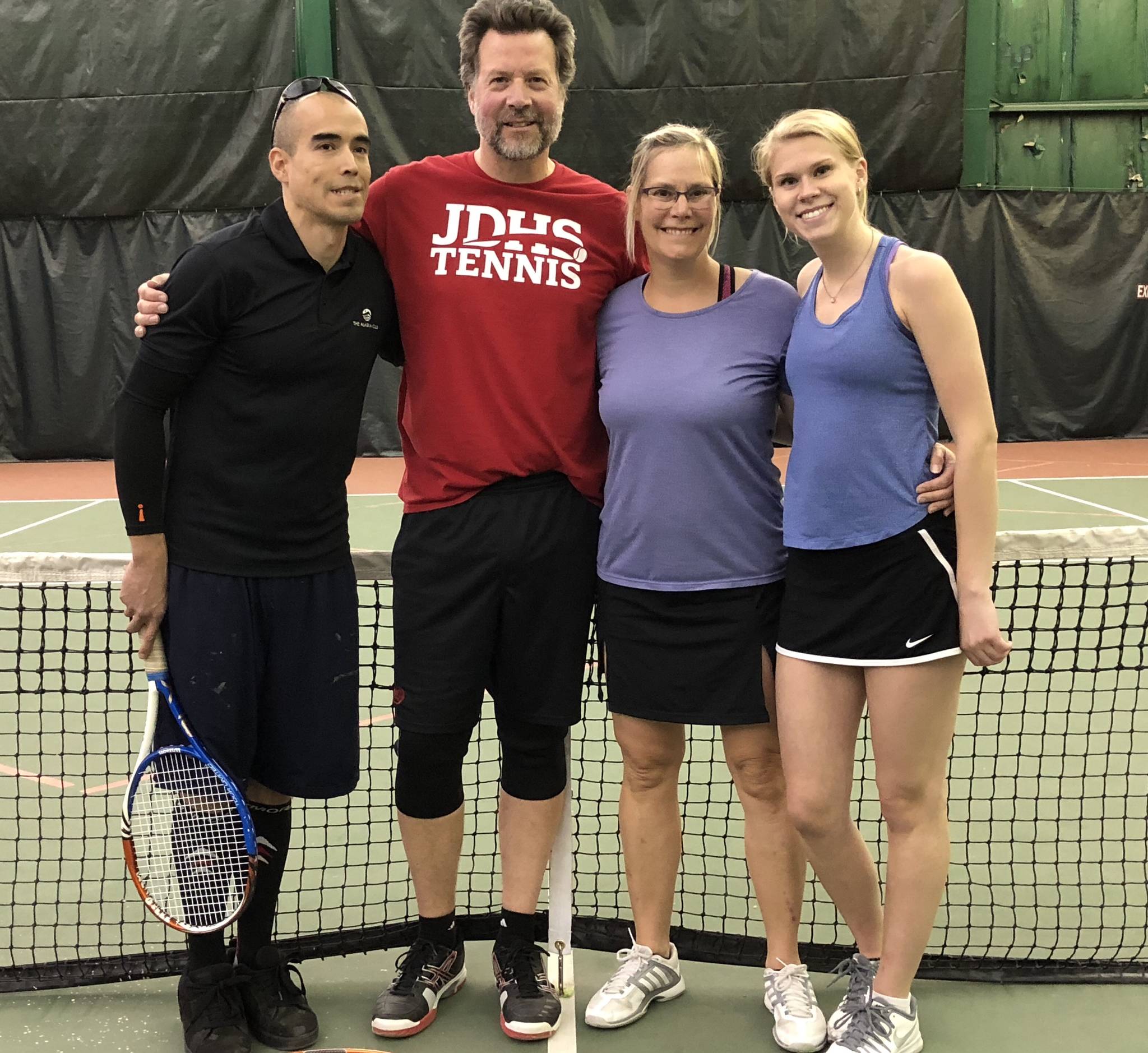 Jacob Dangeli, left, and Kurt Dzinich defeated Anne Kincheloe and Sami Good 6-7 (4), 7-5, 1-0 (9) to claim the Men’s/Women’s East Bracket championship in the Back To School Doubles Tournament played at the Alaska Club Valley Sept. 14-16. (Courtesy Photo | Mona Mametsuka)