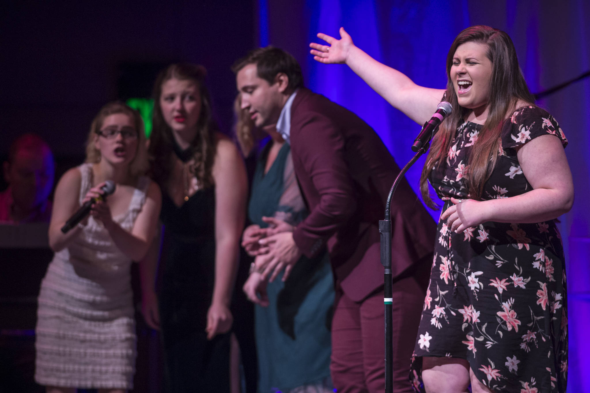 Contestants sing an opening number at Juneau Lyric Opera’s production of “Who’s Your Diva?” at Centennial Hall on Saturday, Sept. 29, 2018. (Michael Penn | Juneau Empire)