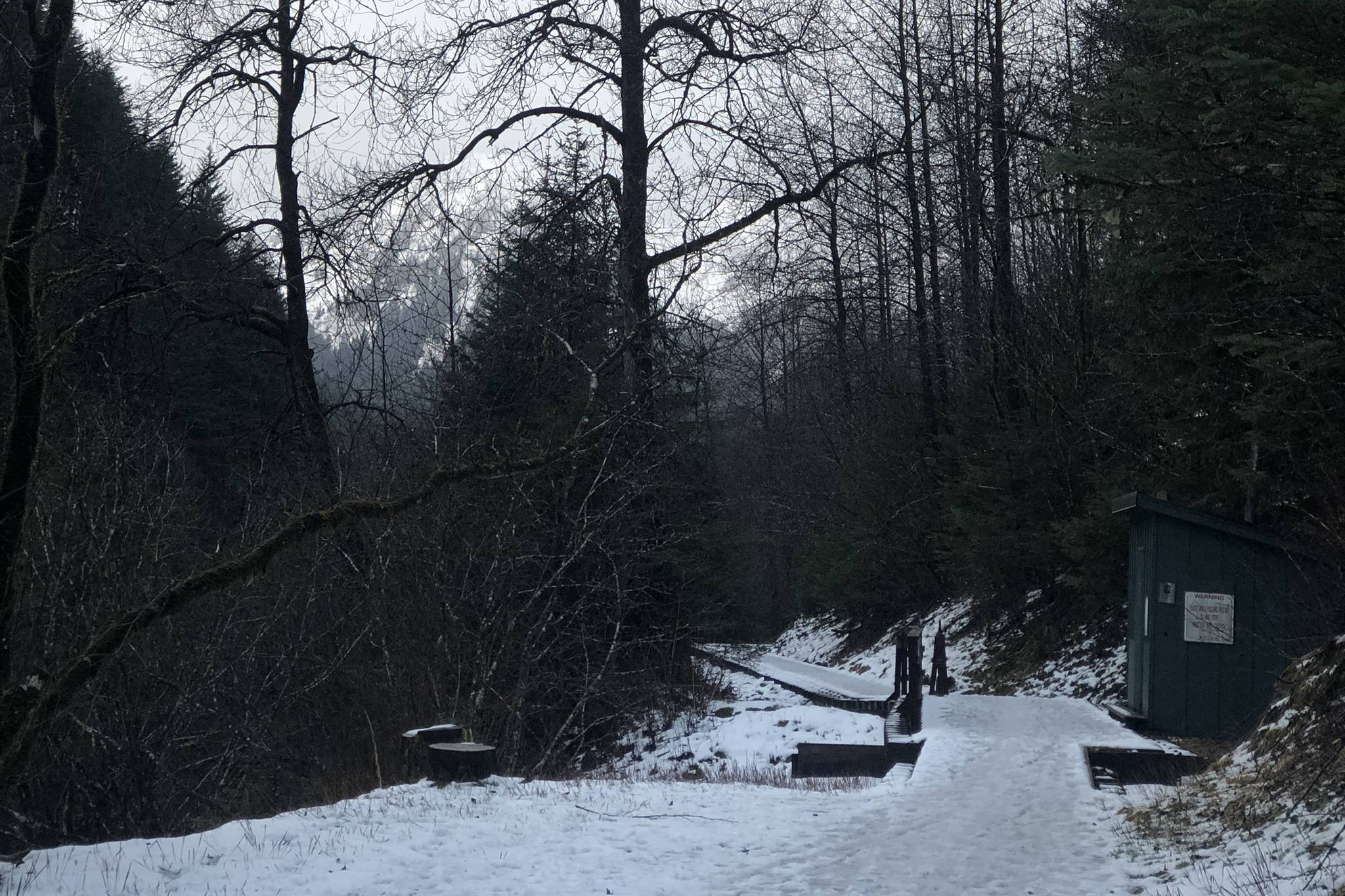 The Flume trailhead in December 2018. (Emily Russo Miller | Juneau Empire)