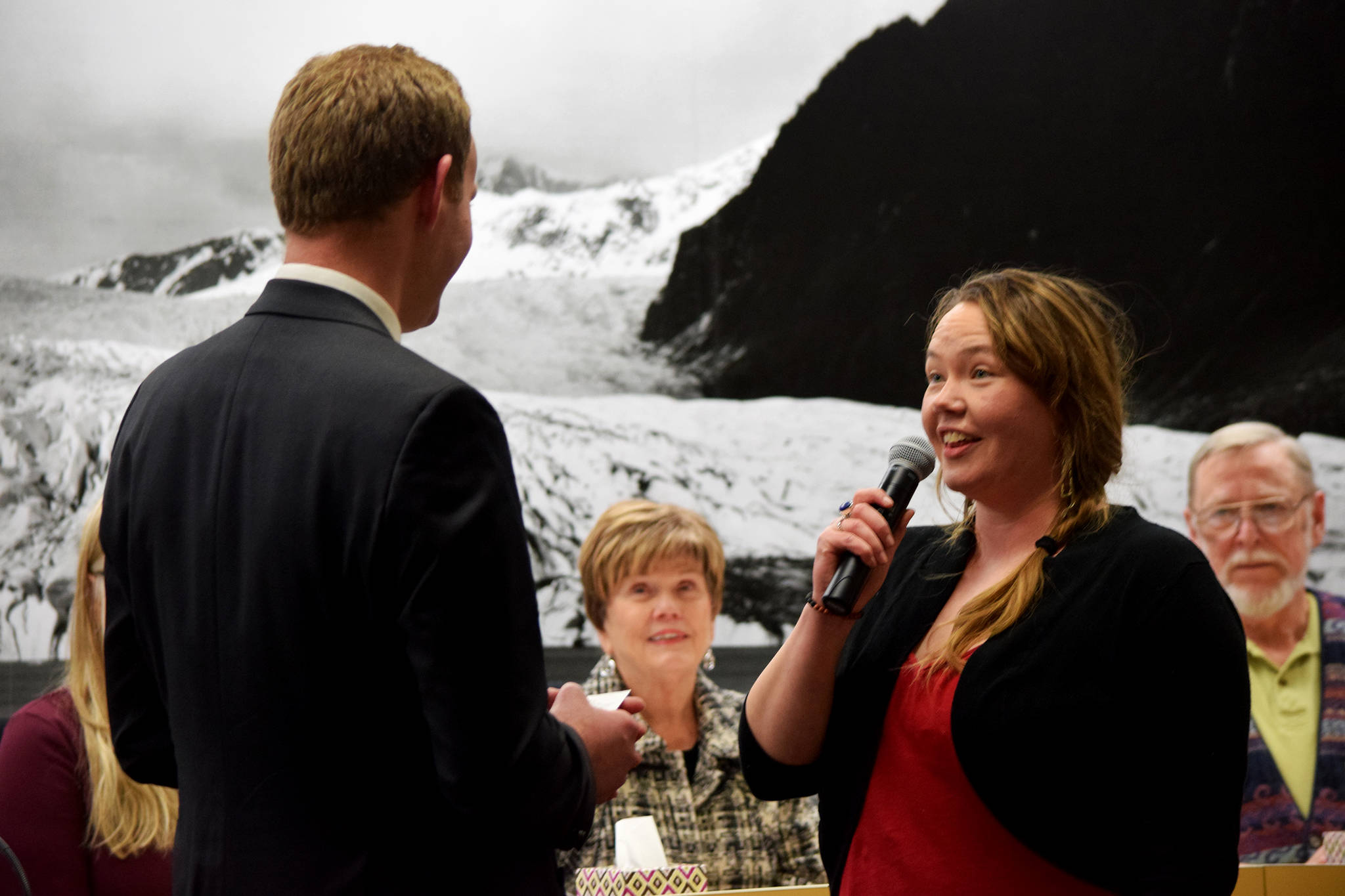 Alicia Hughes-Skandijs is the sworn into the City and Borough of Juneau Assembly on Monday Jan. 14, 2019. (Mollie Barnes | Juneau Empire)