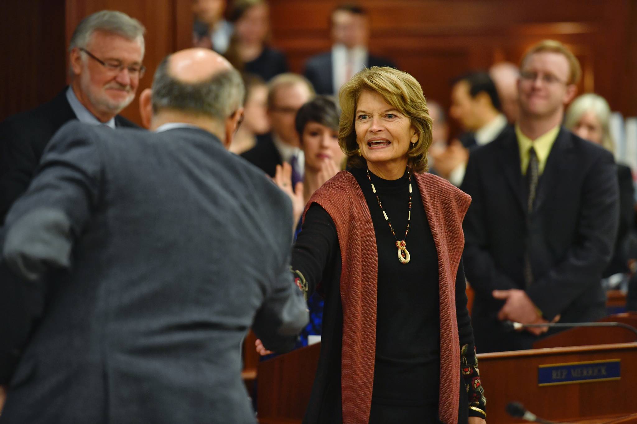 U.S. Sen. Lisa Murkowski, R-Alaska, arrives for her annual speech to a Joint Session of the Alaska Legislature on Tuesday, Feb. 18, 2019. (Michael Penn | Juneau Empire)