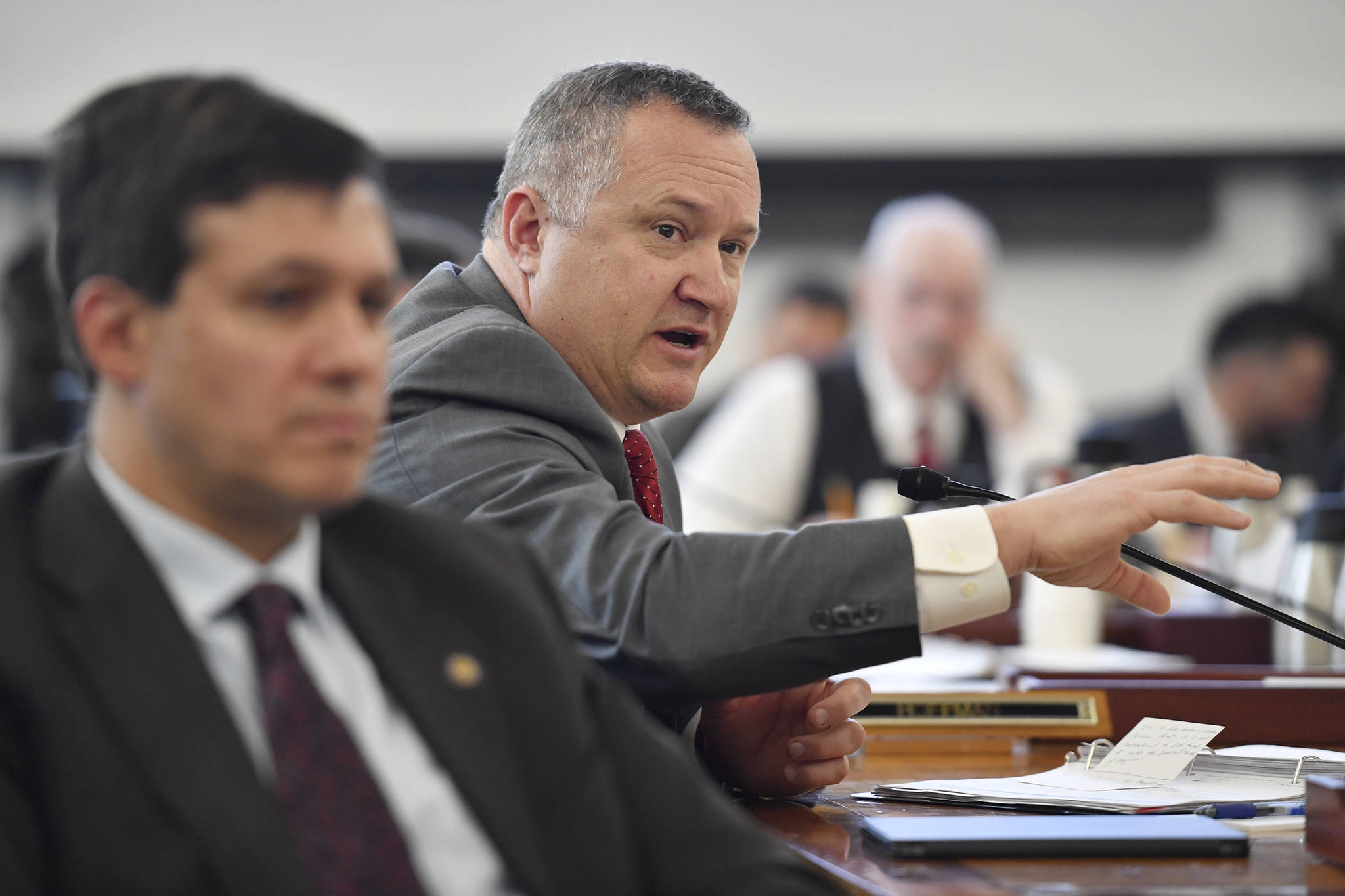 Sen. Mike Shower, R-Wasilla, asks a question as Donna Arduin, Director of the Office of Management and Budget and Mike Barnhill, policy director for the OMB, present Gov. Mike Dunleavy’s budget to the Senate Finance Committee at the Capitol on Tuesday, Feb. 18, 2019. (Michael Penn | Juneau Empire)