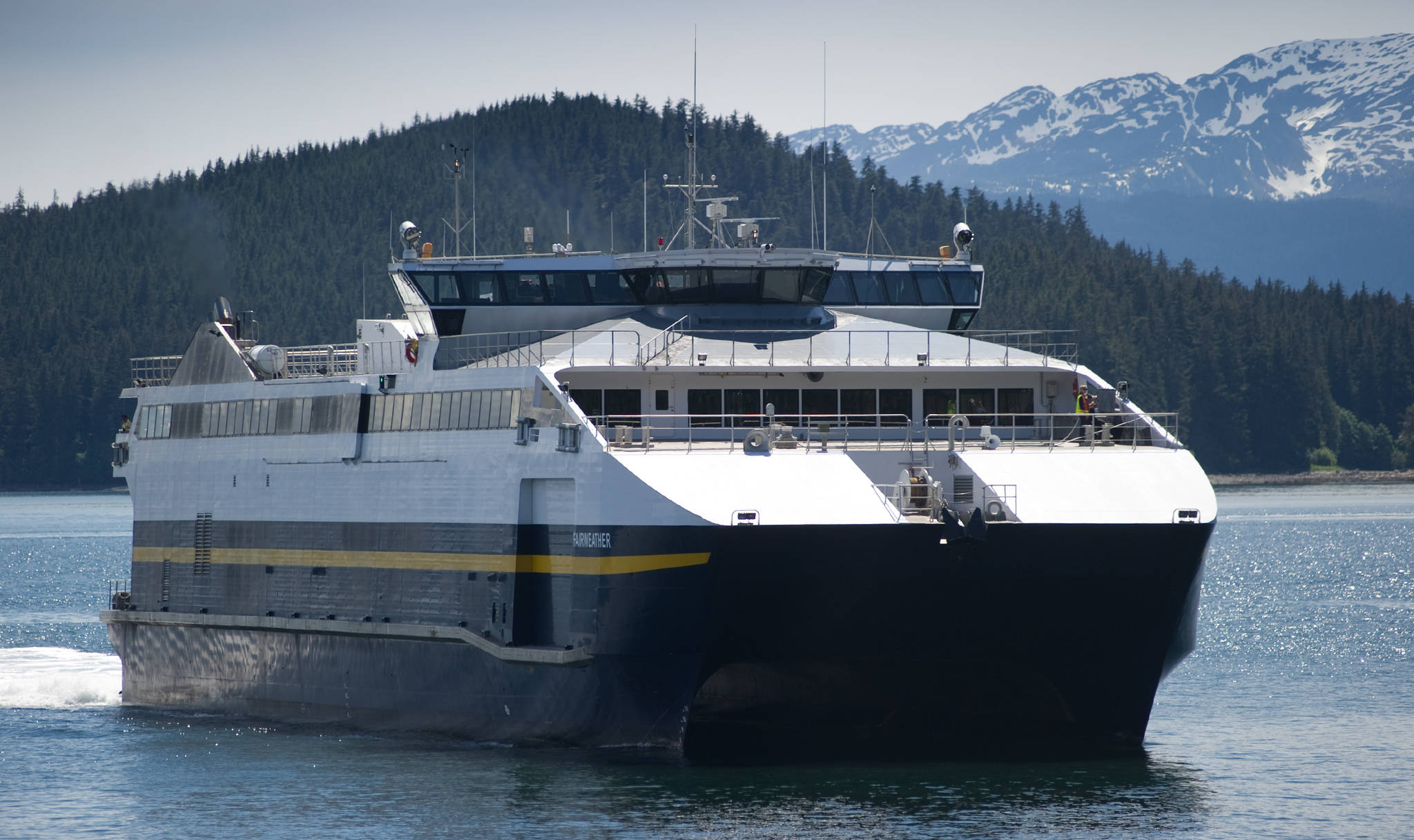 In this June 2014 photo, the Alaska Marine Highway ferry Fairweather pulls up to the Auke Bay terminal. (Michael Penn | Juneau Empire File)