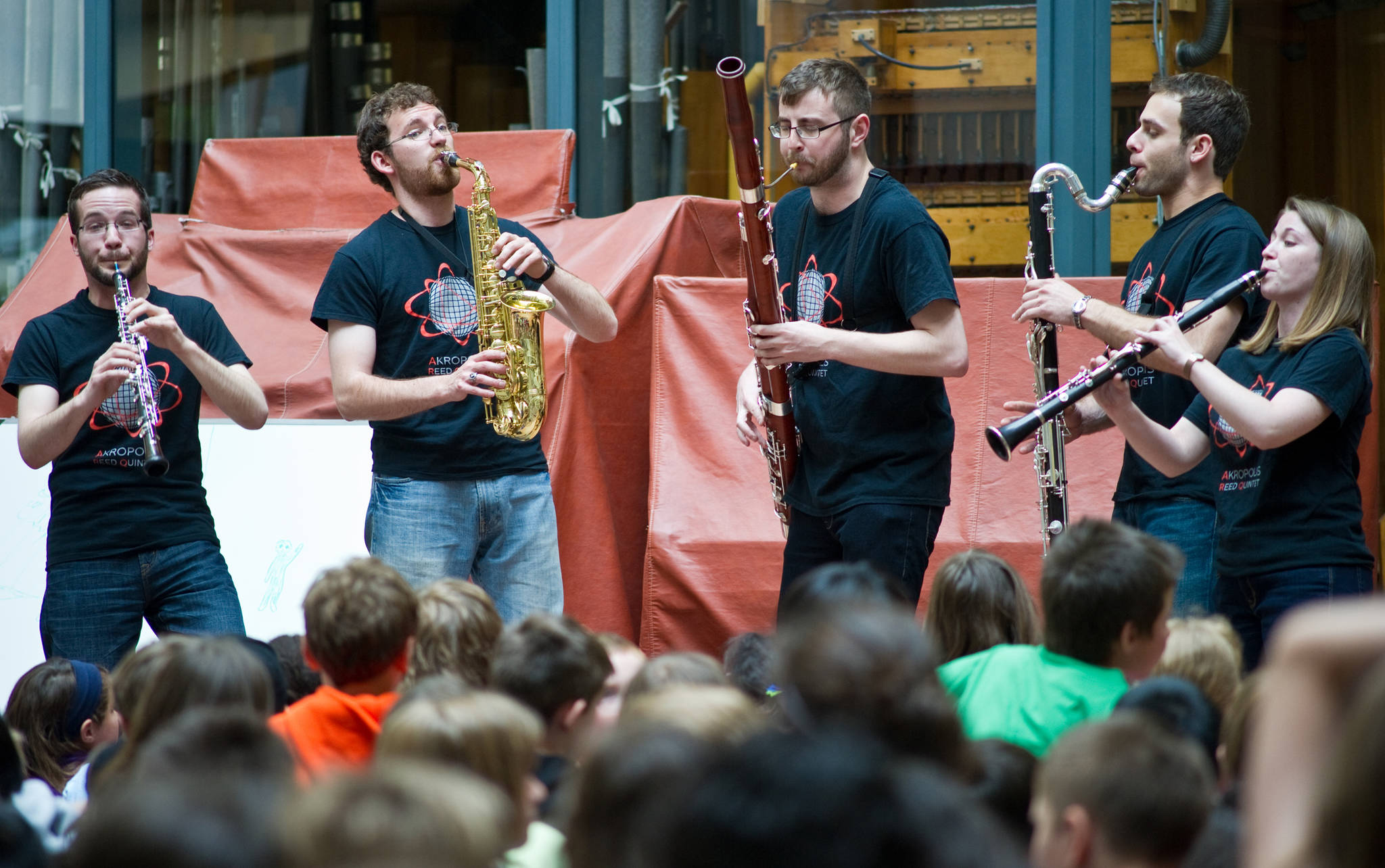 In this file photo from 2014, members of the Akropolis Reed Quintet perform during a Brown Bag Concert at the State Office Building’s atrium during the 28th Annual Juneau Jazz & Classics festival. Pictured are Tim Gocklin (oboe), Matt Landry (saxophone), Ryan Reynolds (bassoon), Andrew Koeppe (bass clarinet), and Kari Dion (clarinet). (Michael Penn | Juneau Empire File)