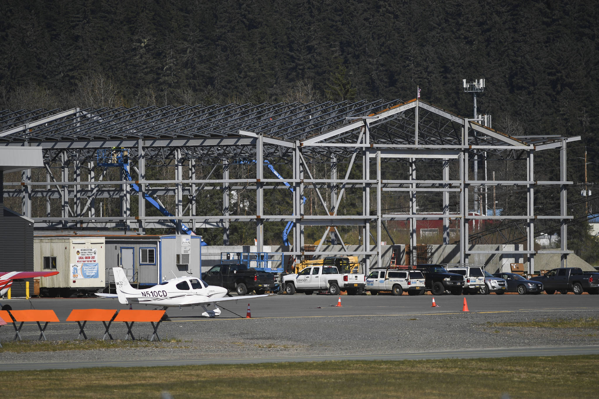 A new sand, chemical and fueling building under construction at the Juneau International Airport on Monday, April 29, 2019. (Michael Penn | Juneau Empire)