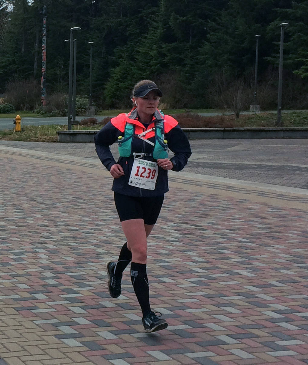 Mindy Shaw nears the finish line at the University of Alaska Southeast during the annual Mud Puddle Race on Saturday, May 4, 2019. (Courtesy Photo | Susan Cable)