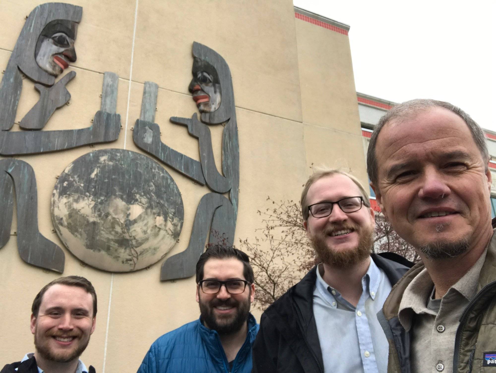 Empire staffers who won an Alaska Press Club award take a selfie outside the Empire’s office on Channel Drive. Pictured from right, Michael Penn, Alex McCarthy, Angelo Saggiomo and Ben Hohenstatt. (Michael Penn | Juneau Empire)