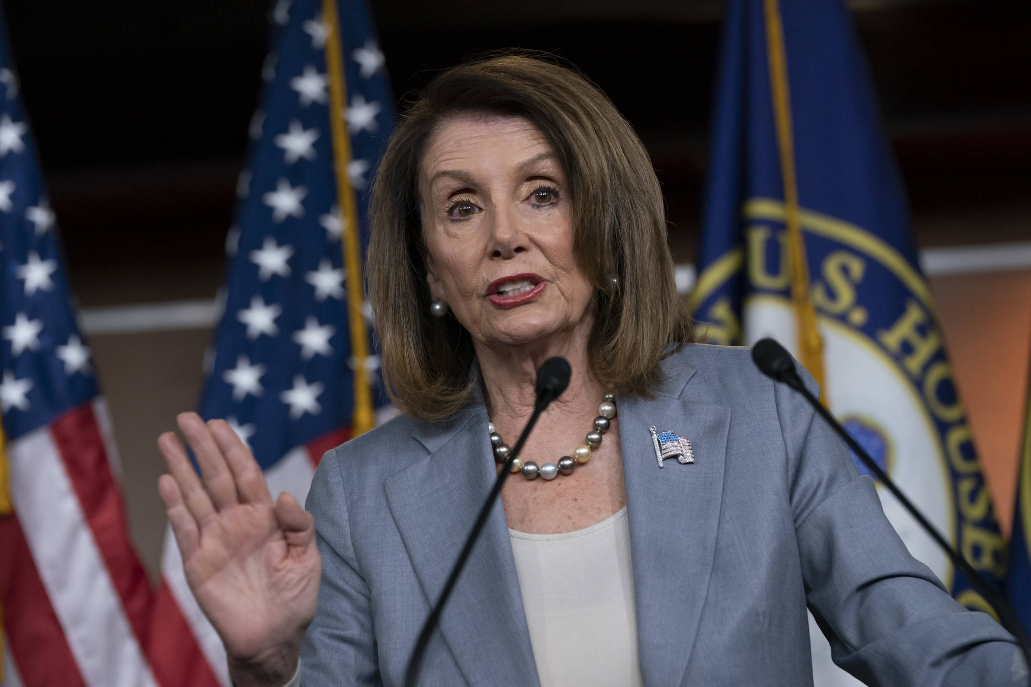 Speaker of the House Nancy Pelosi, D-California, meets with reporters on Capitol Hill in Washington, D.C. on Thursday, May 9, 2019, the day after the Democrat-controlled House Judiciary Committee voted to hold Attorney General William Barr in contempt of Congress. (J. Scott Applewhite | Associated Press)