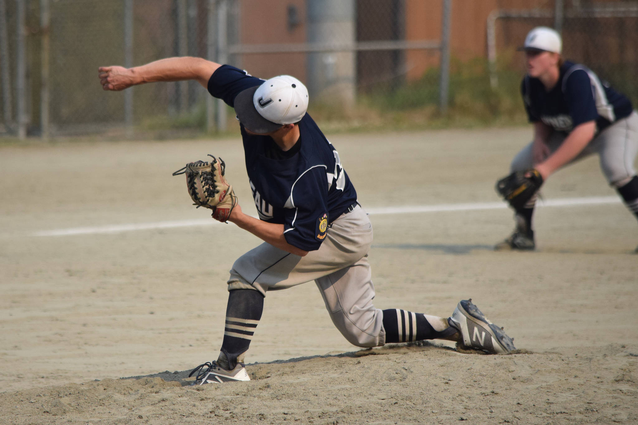 Juneau Post 25 pitcher Donavin McCurley pitches in the third inning against South Post 4 at Adair-Kennedy Memorial Park on Saturday, July 6, 2019. (Nolin Ainsworth | Juneau Empire)