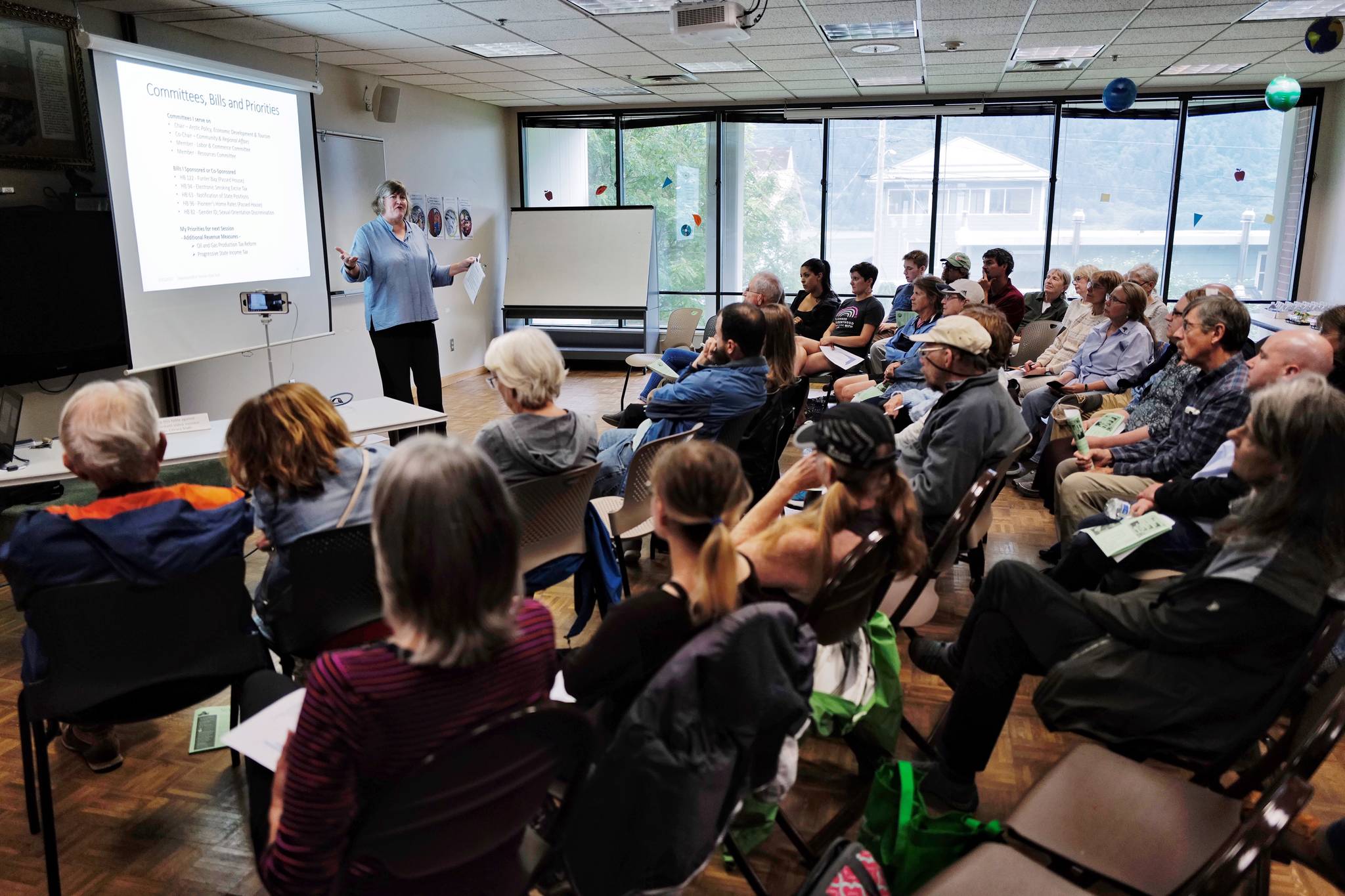 Rep. Sara Hannan, R-Juneau, speaks during a town hall meeting at the Douglas Public Library in Monday, July 15, 2019. (Michael Penn | Juneau Empire)