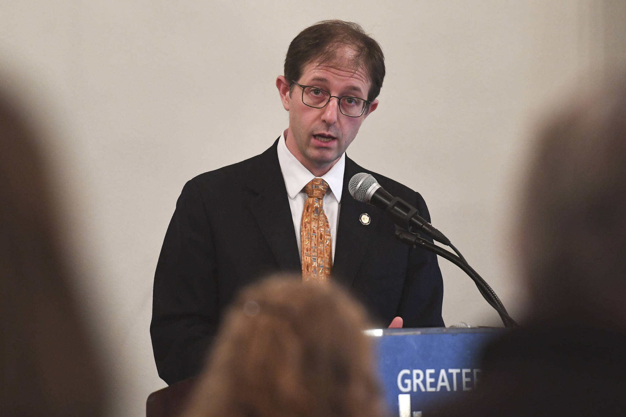 Sen. Jesse Kiehl, D-Juneau, speaks to the Juneau Chamber of Commerce during its luncheon at the Moose Lodge on Thursday, July 18, 2019. (Michael Penn | Juneau Empire)