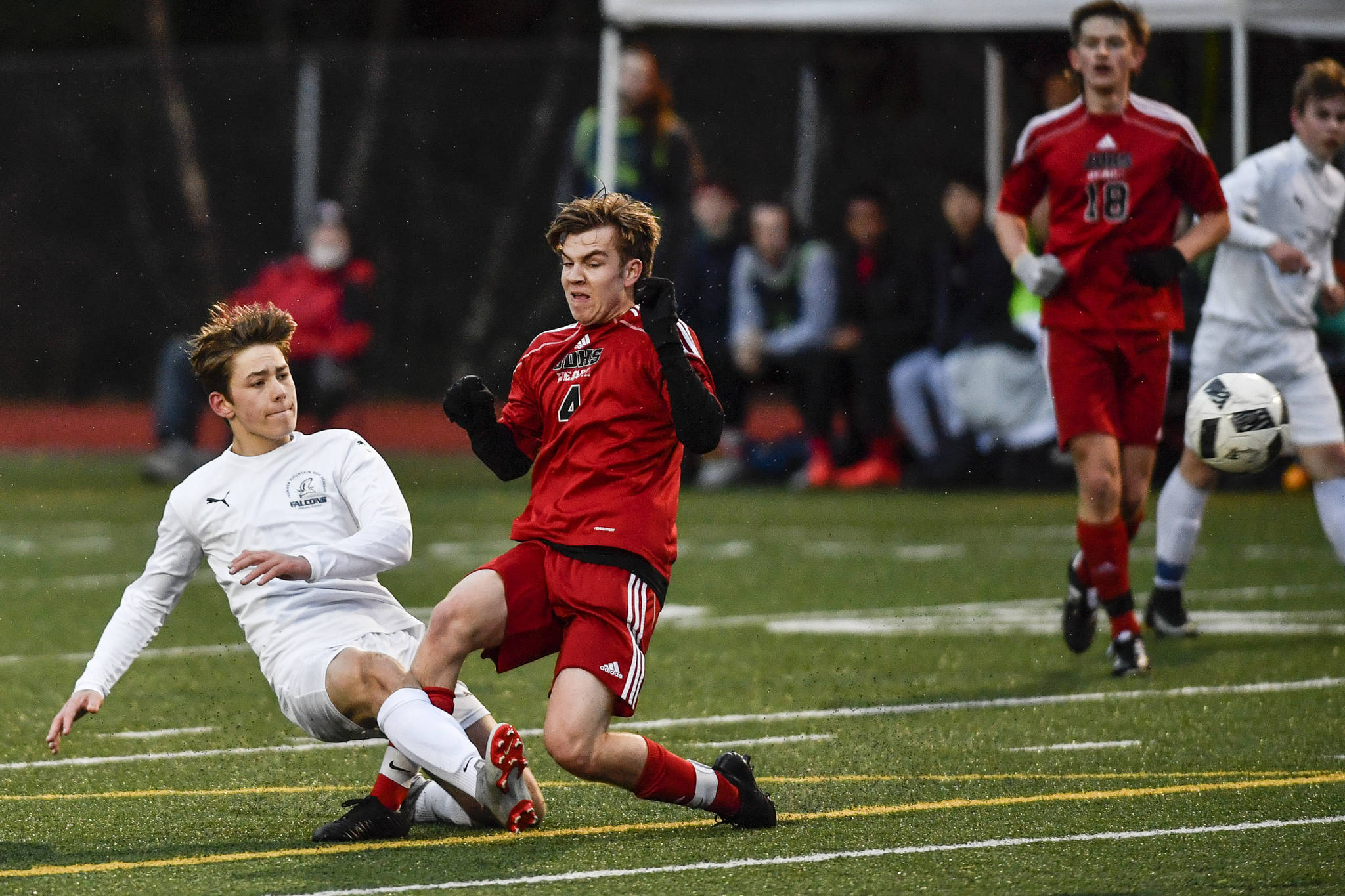 Thunder Mountain’s Wallace Adams kicks a goal against Juneau-Douglas at Adair-Kennedy Memorial Field in April. Adams played on a national team in the Gothia Cup, the world’s largest youth soccer tournament. (Michael Penn | Juneau Empire File)