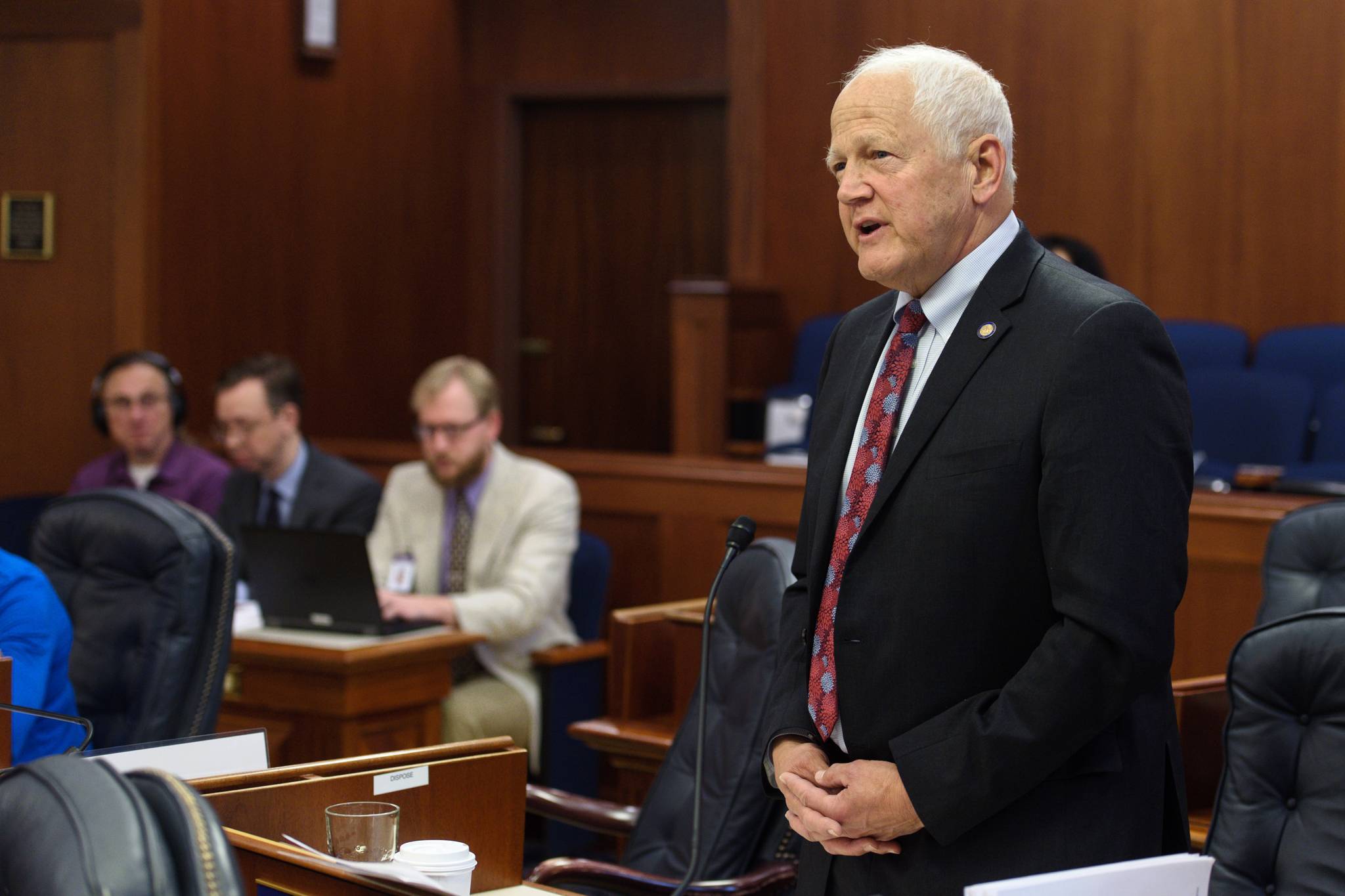 The late Sen. Chris Birch, R-Anchorage, offers an amendment for a $900 dividend during debate in the Senate in June 2019. (Michael Penn | Juneau Empire File)