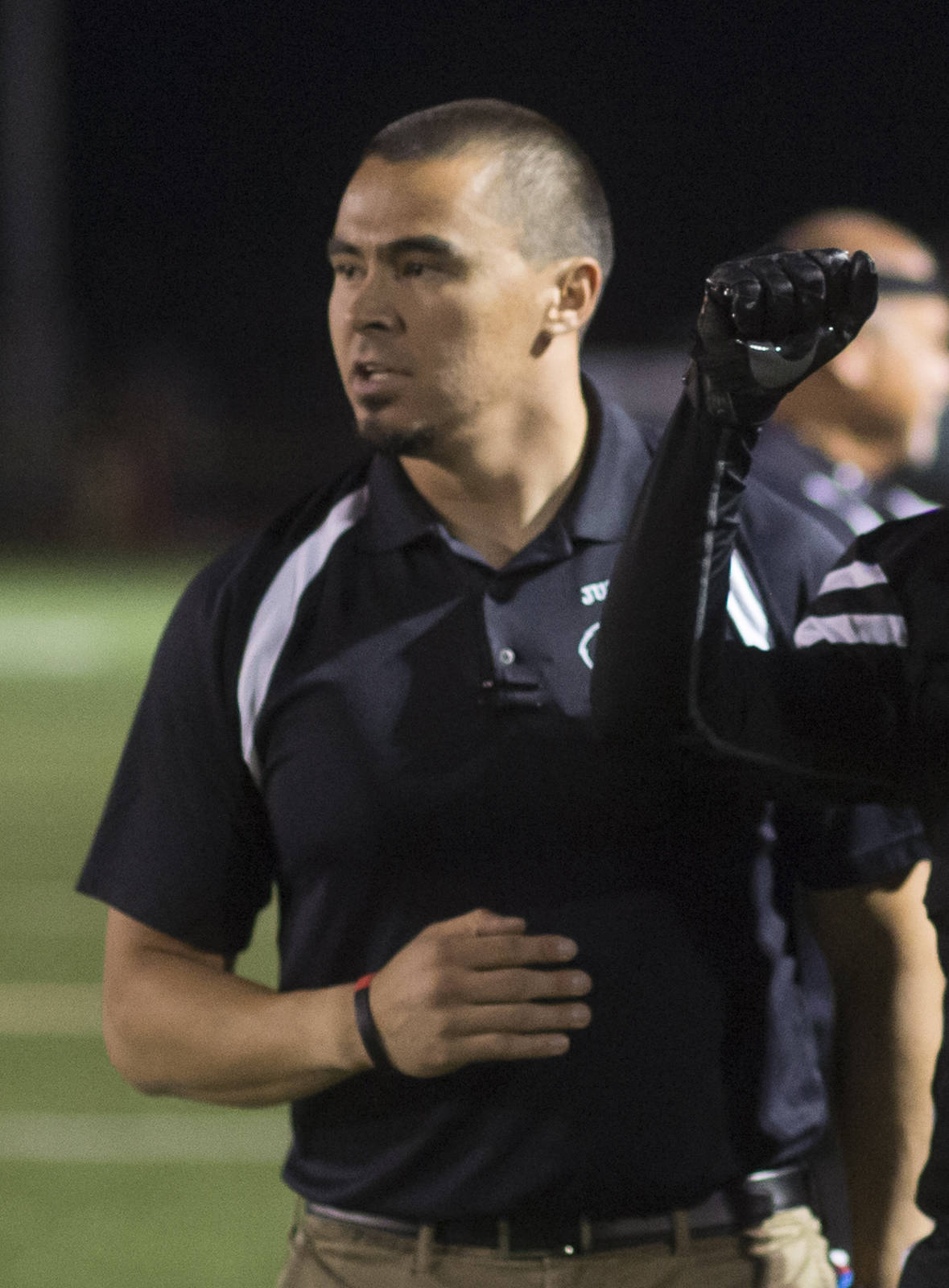 Juneau Huskies assistant coach Mitch Haldane watches the Huskies play against Antelope Union High School at Adair-Kennedy Memorial Field on Saturday, Aug. 24, 2019. (Michael Penn | Juneau Empire)