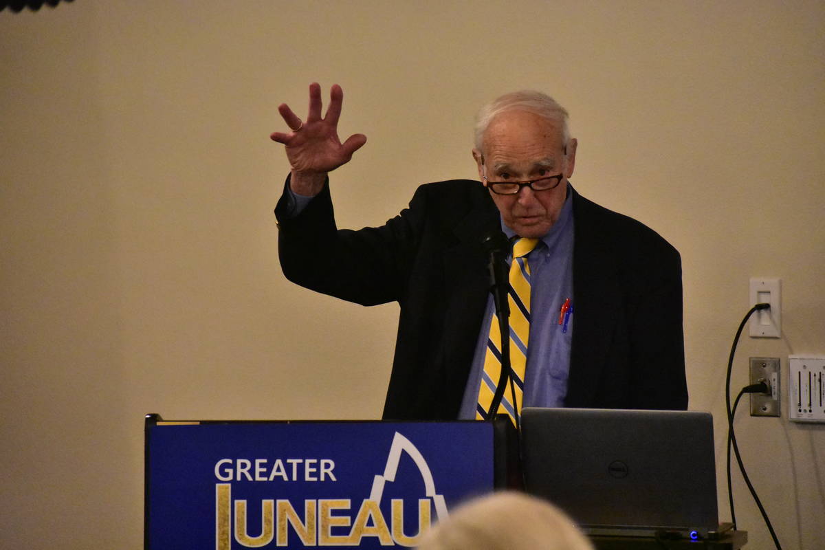 Dr. John Geyman speaks about health care reform options to a packed house during the Juneau Chamber of Commerce luncheon at the Moose Family Lodge on Oct. 24, 2019. (Peter Segall | Juneau Empire)