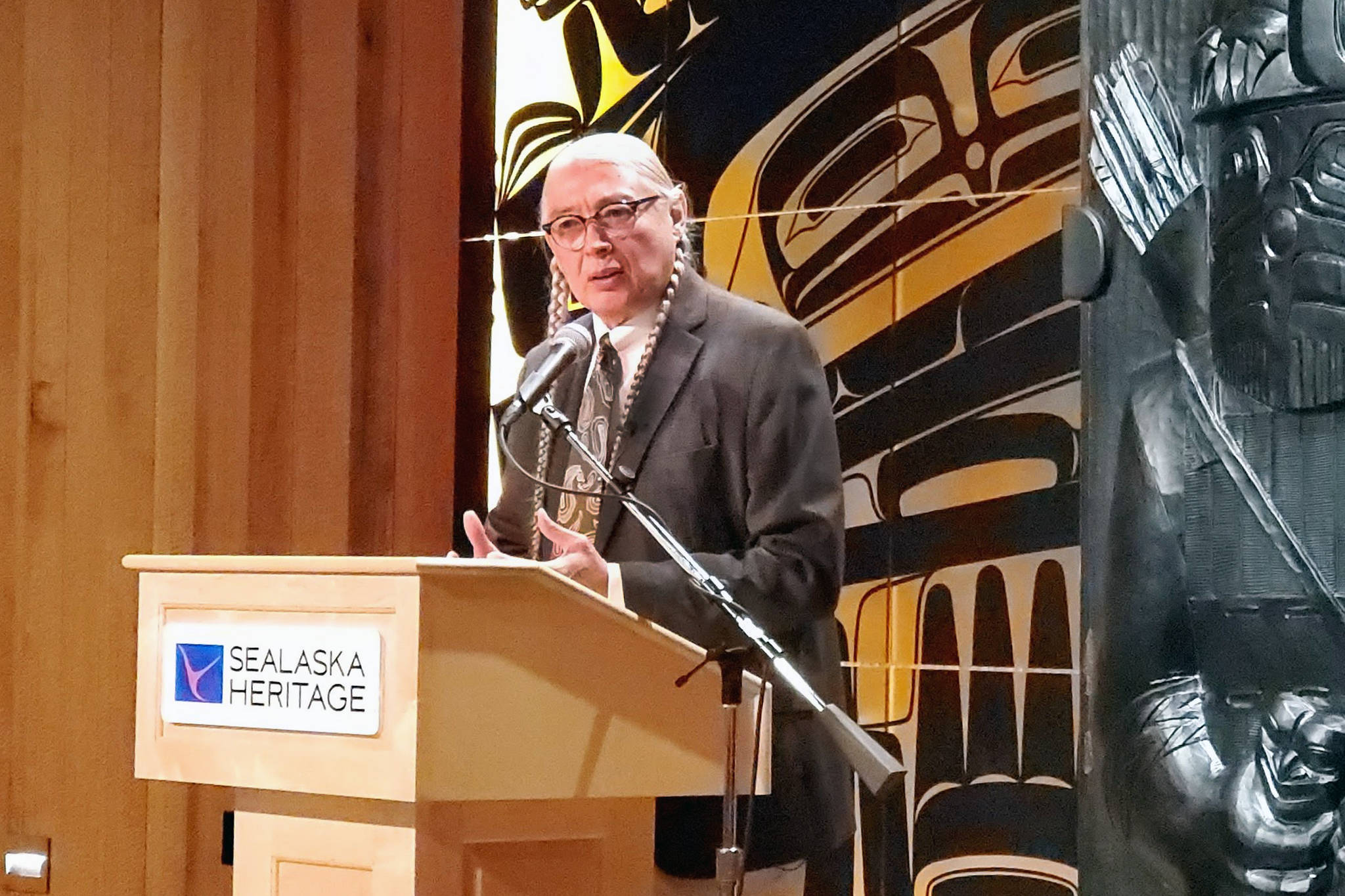 Walter Echo-Hawk, a speaker, attorney and author, discusses the Tee-Hit-Ton v. United States case during a lecture at Sealaska Heritage Institute’s Walter Soboleff building Thursday, Nov. 7, 2019. (Ben Hohenstatt | Juneau Empire)