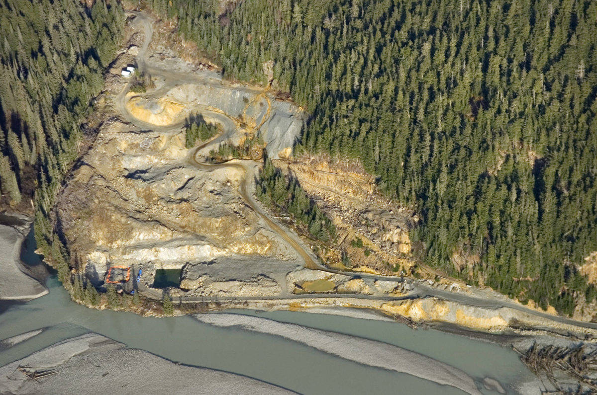 Heavy metals run out of the Tulsequah Chief mine opening and down to holding ponds next to the Tulsequah River Wednesday, Oct. 8, 2008. Leakage from those ponds can be seen entering the river that flows into the Taku River down stream. Eight U.S. senators sent a letter Thursday to British Columbia, Canada’s premier asking for more transboundary water oversight. (Michael Penn | Juneau Empire)