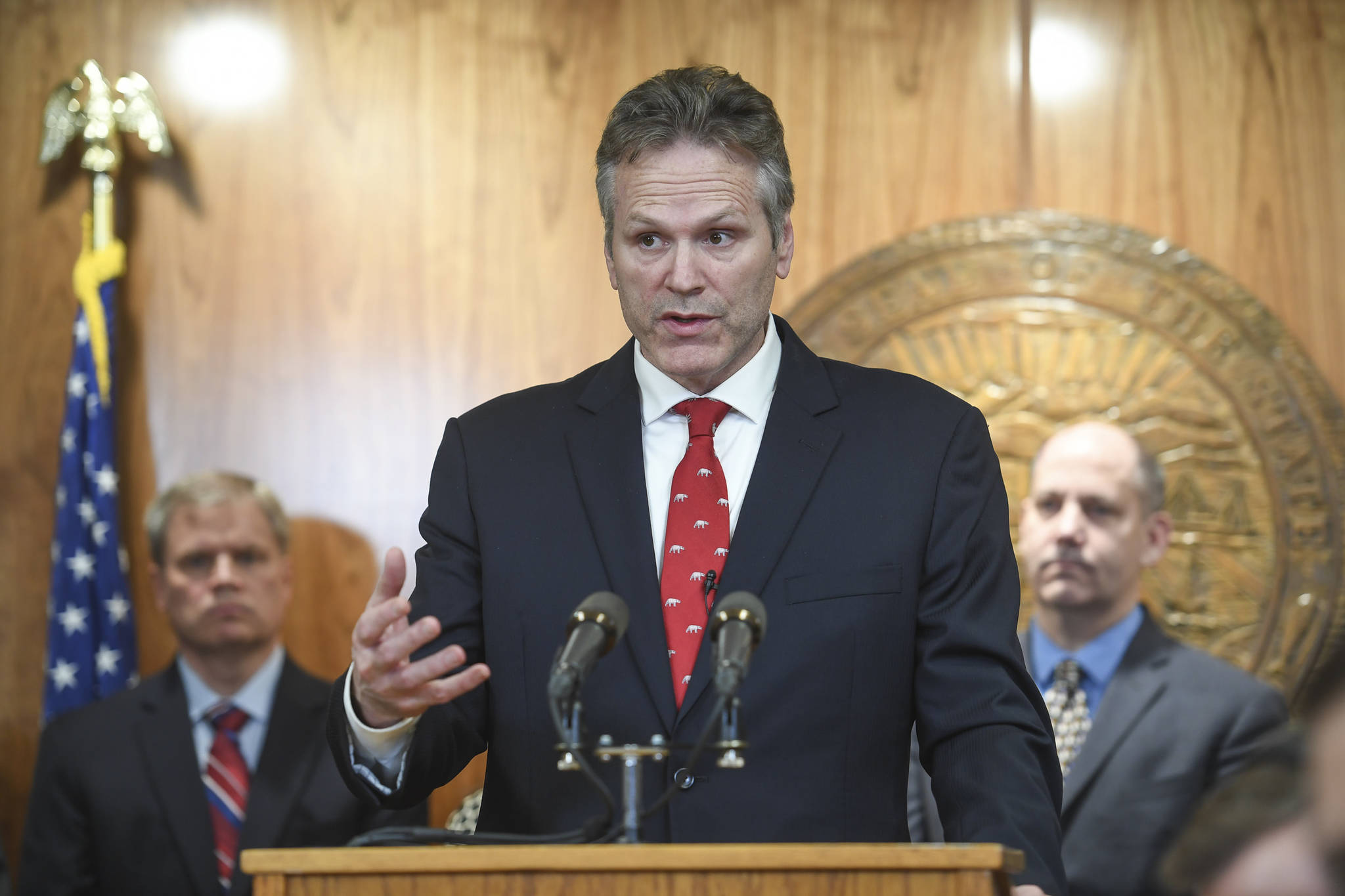Gov. Mike Dunleavy announces his state budget during a press conference at the Capitol on Wednesday, Dec. 11, 2019. (Michael Penn | Juneau Empire File)